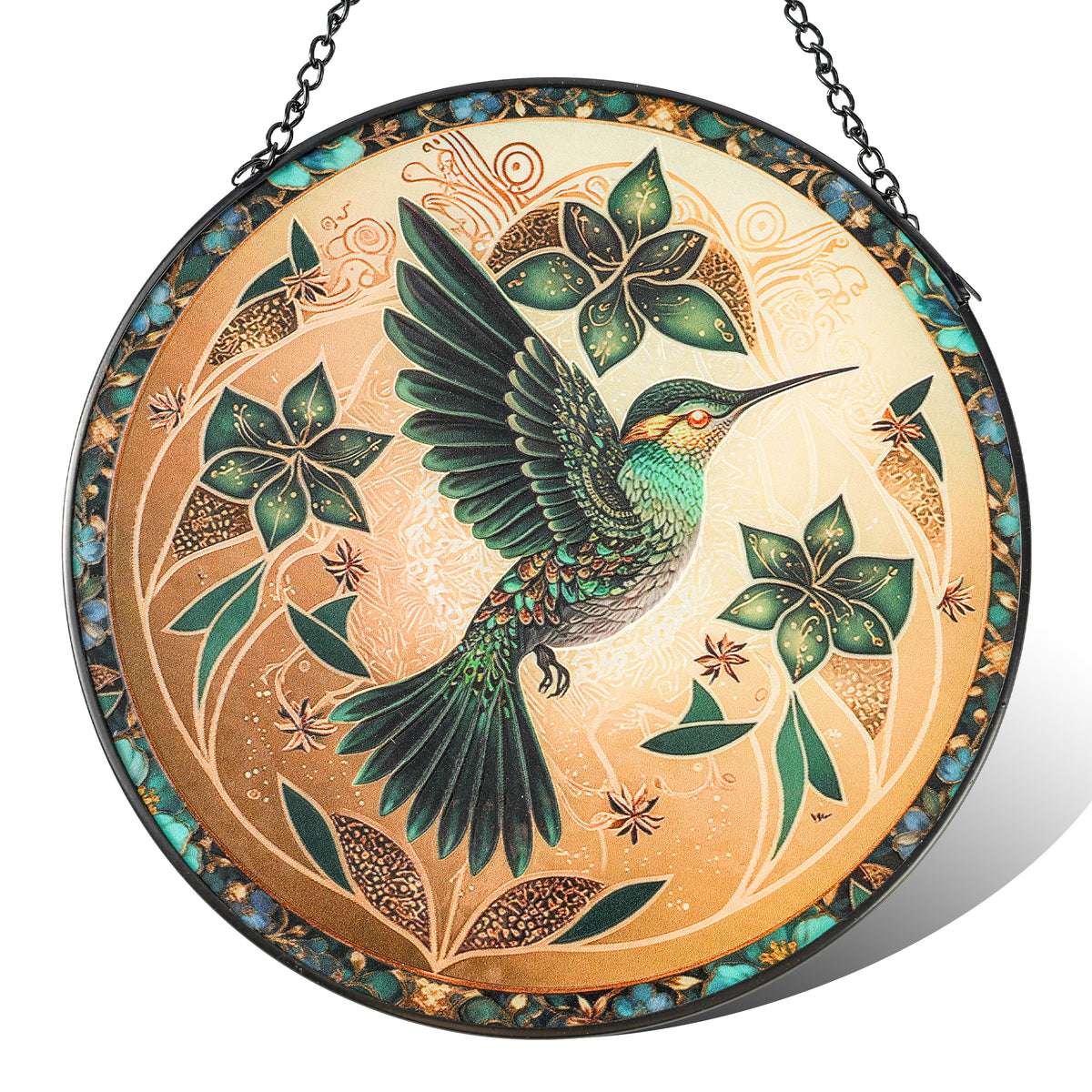 OnBrand 7.8" Hummingbird Stained Glass Window Hanging with Metal Chain