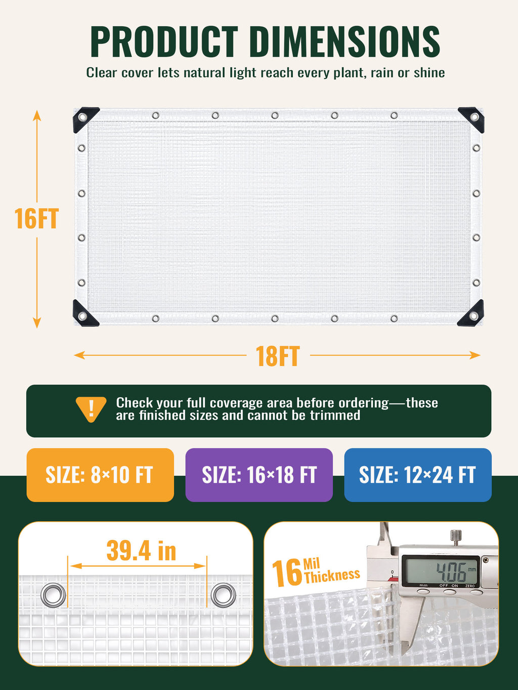 OnBrand 16Mil Heavy Duty Greenhouse Cover with Grommets (16x18FT)