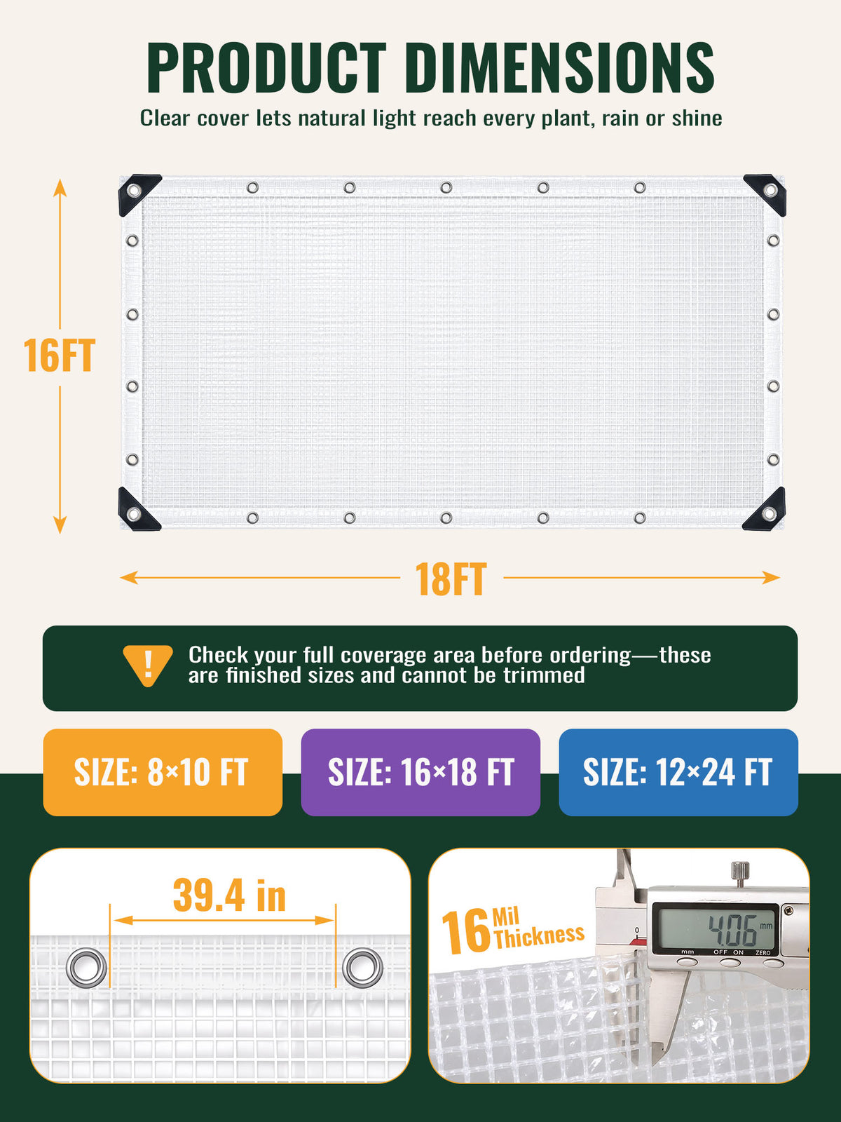 OnBrand 16Mil Heavy Duty Greenhouse Cover with Grommets (16x18FT)