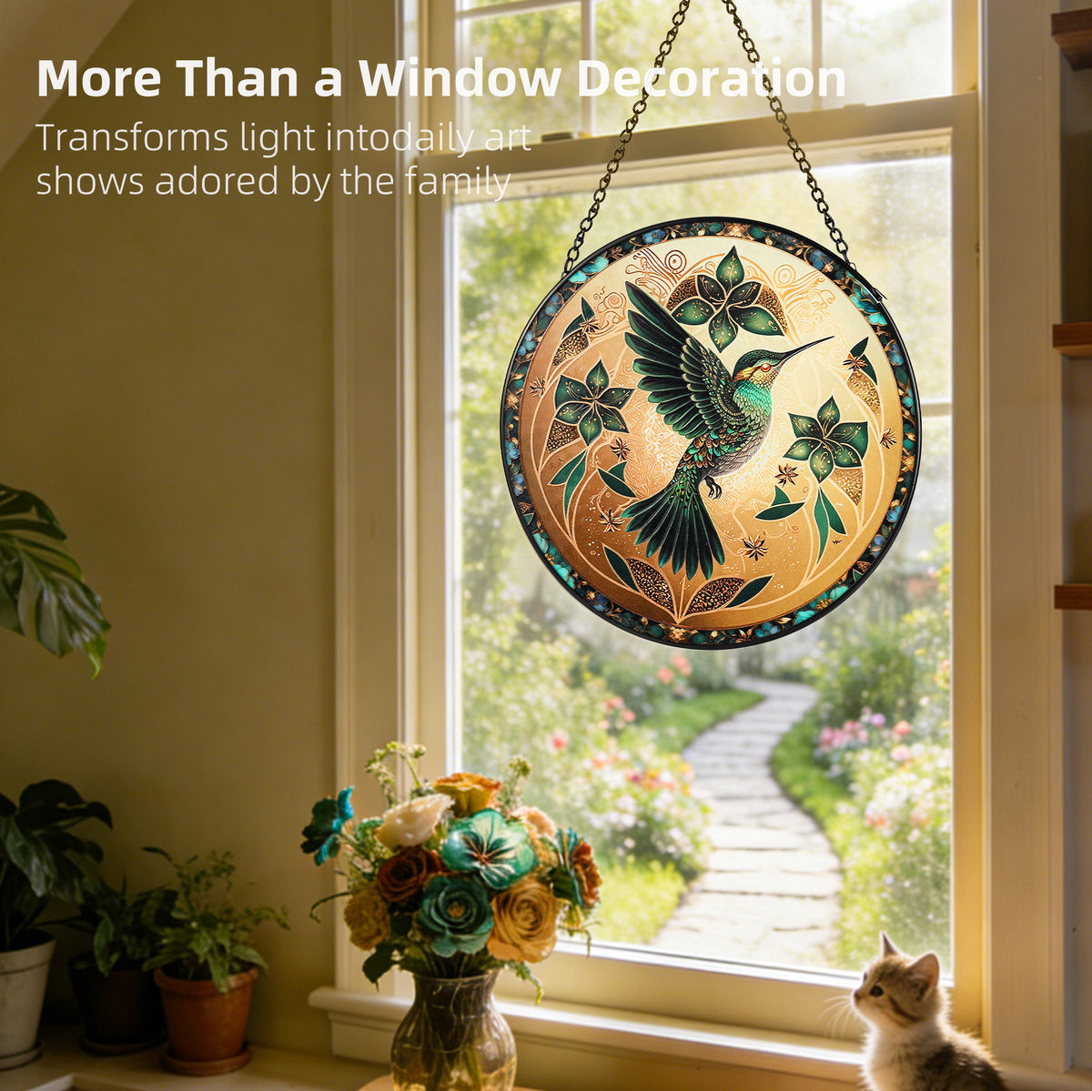 OnBrand 7.8" Hummingbird Stained Glass Window Hanging with Metal Chain