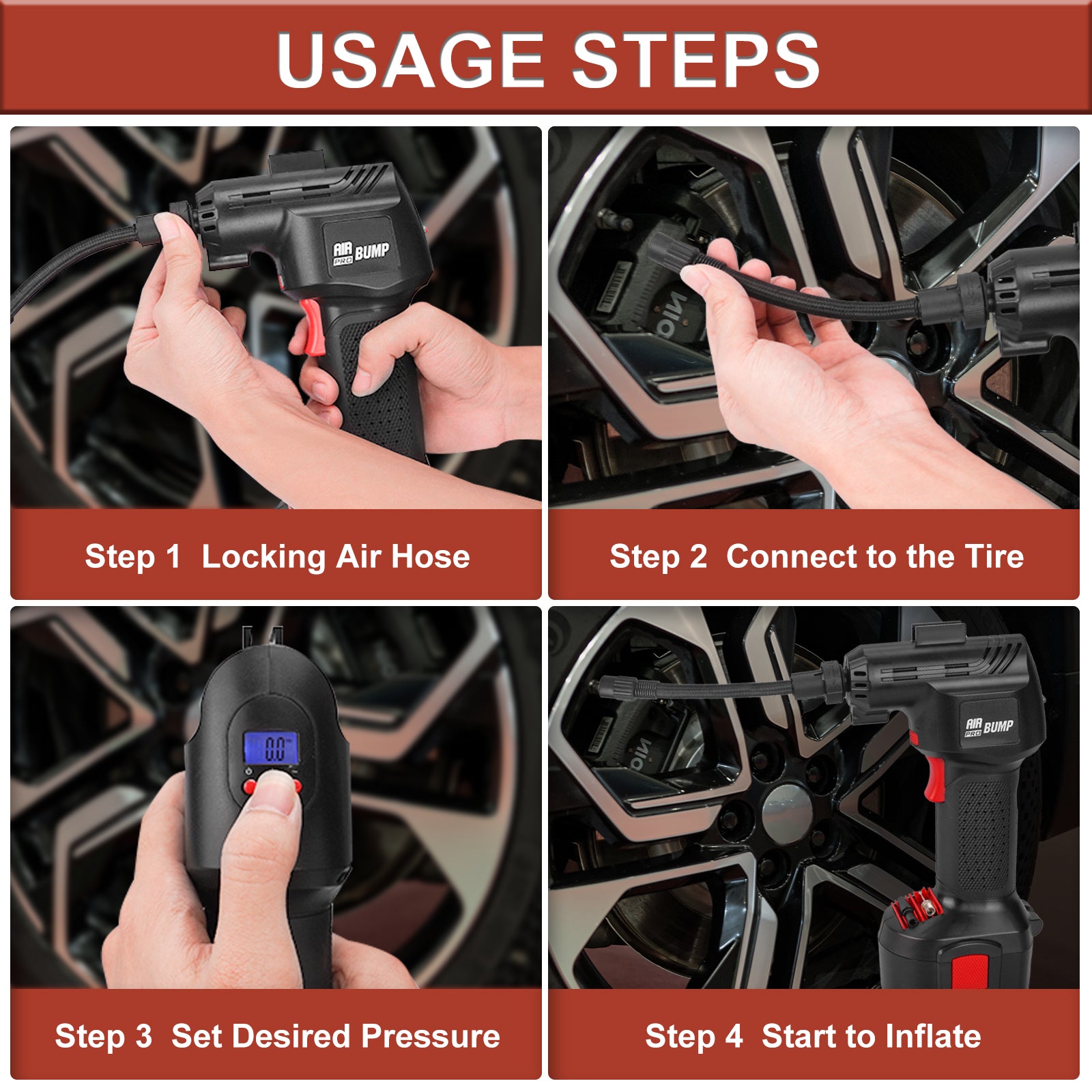 Air Pump 12V Cordless Portable Compressor for Car/Bike Tires/Inflatable with Li-Ion Battery & Cigarette Light Plug-in Cord