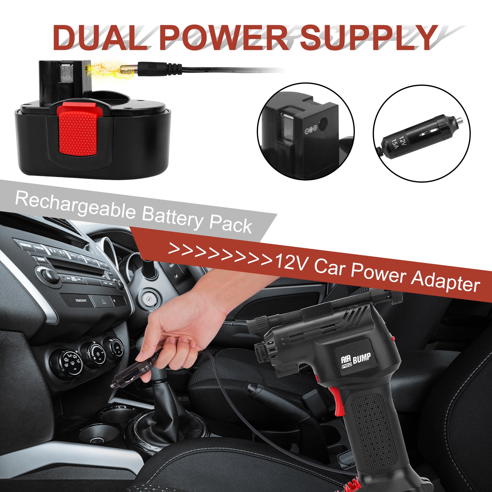 Air Pump 12V Cordless Portable Compressor for Car/Bike Tires/Inflatable with Li-Ion Battery & Cigarette Light Plug-in Cord