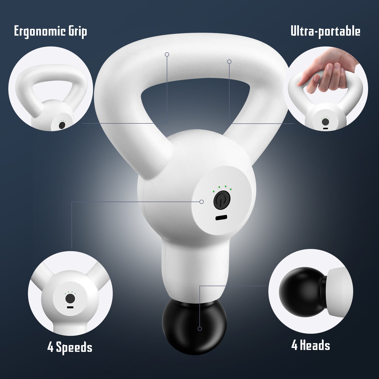 3000 PPM Deep Tissue (Compact Size) Massager with 4 Massage Heads and 4 Intensity Levels, Quiet Muscle Massage Gun (Black/White)