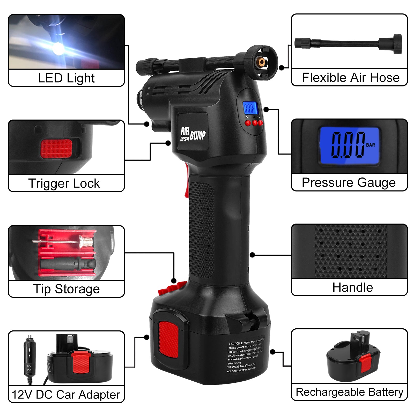 Air Pump 12V Cordless Portable Compressor for Car/Bike Tires/Inflatable with Li-Ion Battery & Cigarette Light Plug-in Cord