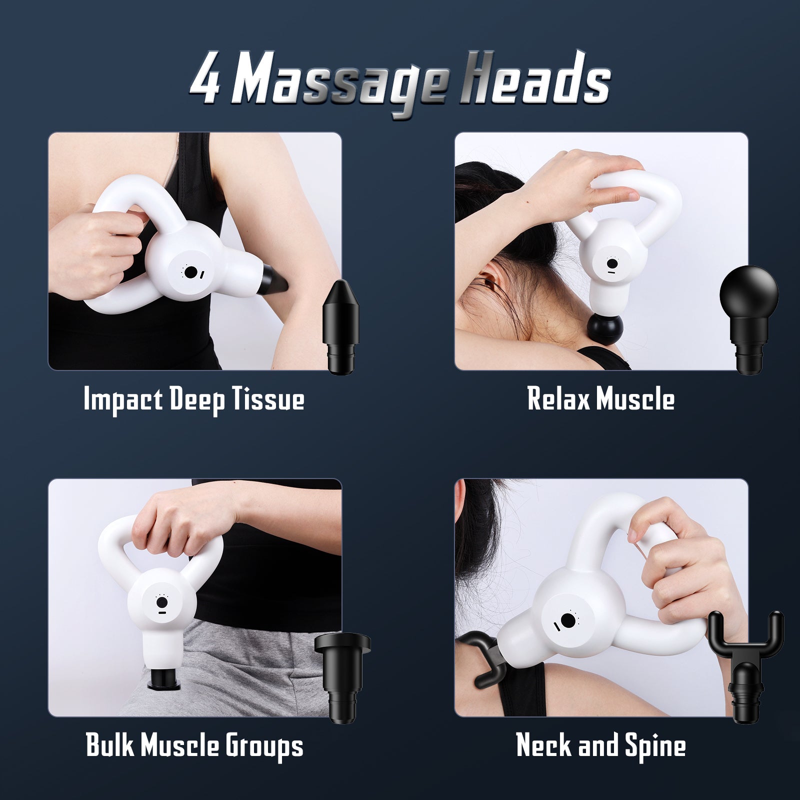 3000 PPM Deep Tissue (Compact Size) Massager with 4 Massage Heads and 4 Intensity Levels, Quiet Muscle Massage Gun (Black/White)