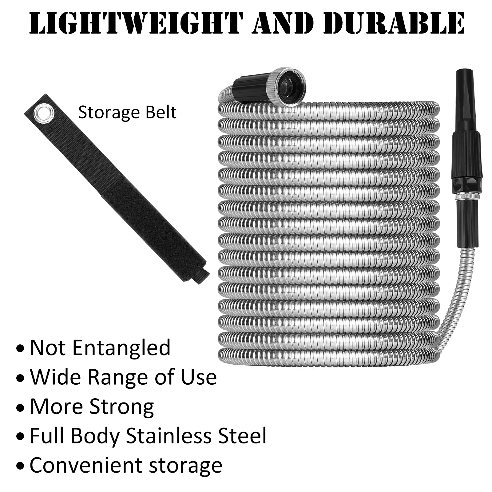 Mighty Garden Hose - Stainless Steel Garden Hose Tough/Durable, No Kinks/Tangles, Storage Strap Included