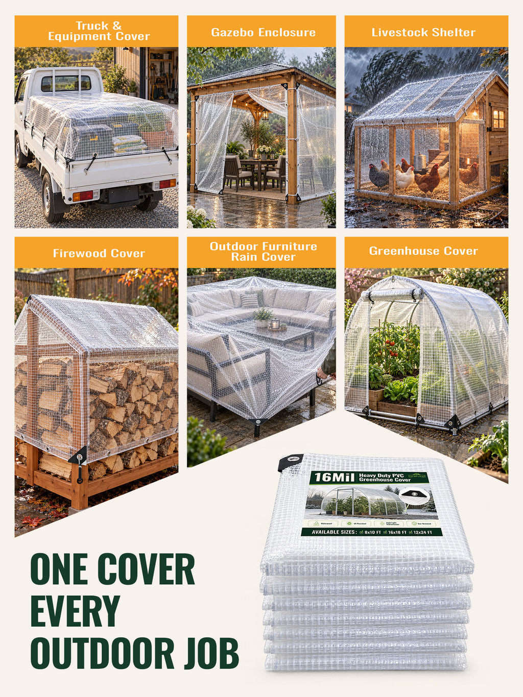 OnBrand 16Mil Heavy Duty Greenhouse Cover with Grommets, 12x24FT Clear Tarp