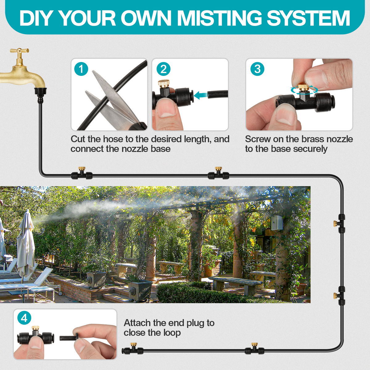 OnBrand 150FT Mister for Outside Patio with 55 Brass Nozzles and 5 T-Joints