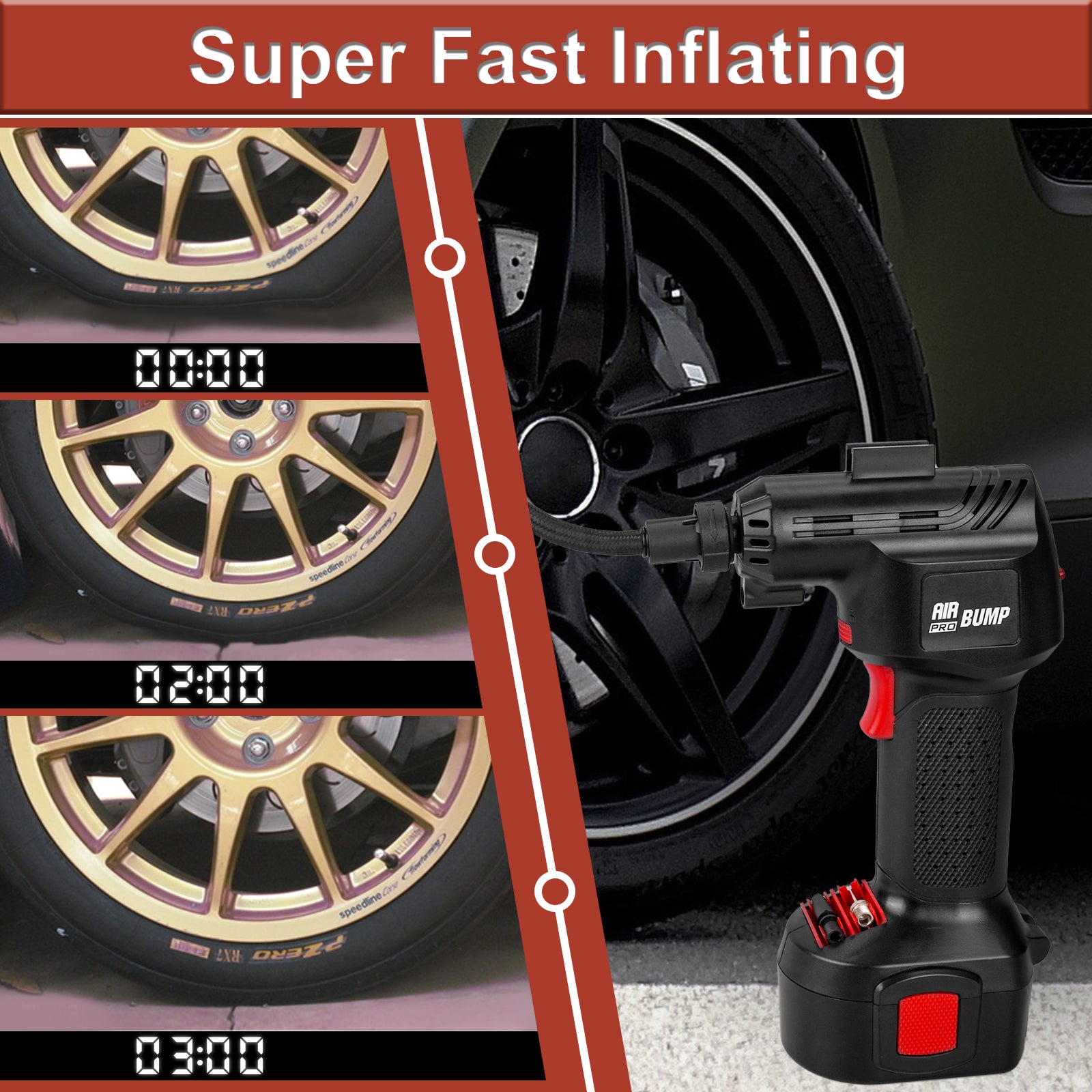 Air Pump 12V Cordless Portable Compressor for Car/Bike Tires/Inflatable with Li-Ion Battery & Cigarette Light Plug-in Cord